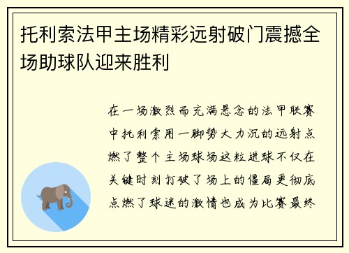 托利索法甲主场精彩远射破门震撼全场助球队迎来胜利